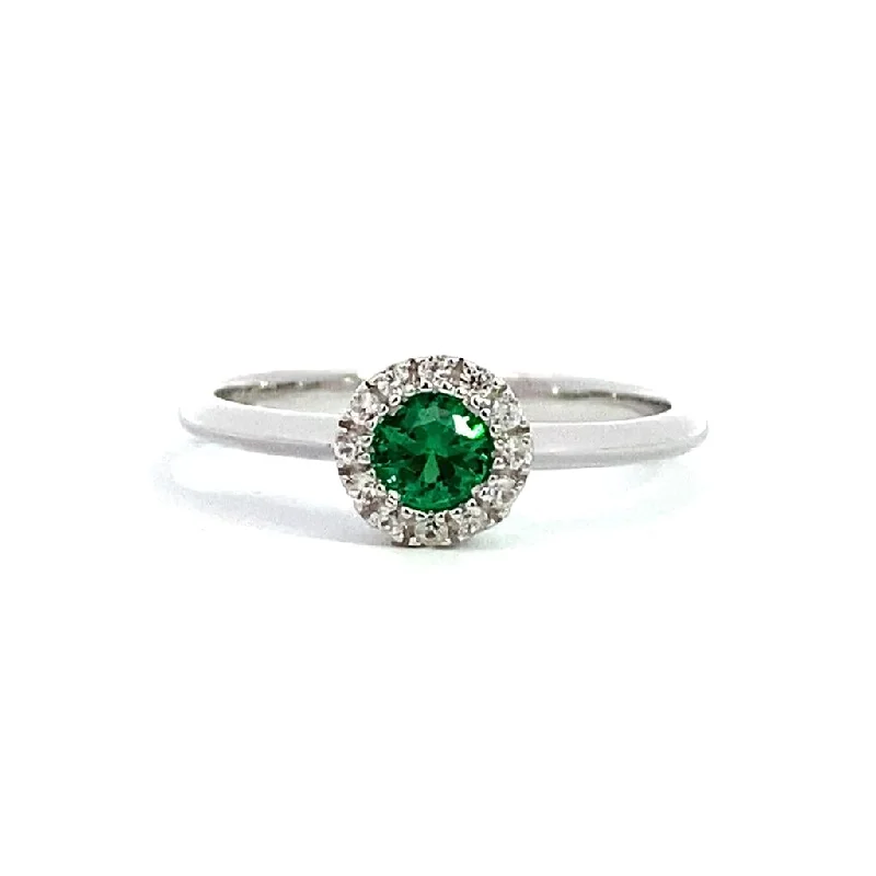 engagement rings with radiant diamonds and sapphire accents-May Birthstone Ring: Sterling Silver Synthetic Emerald Halo Ring