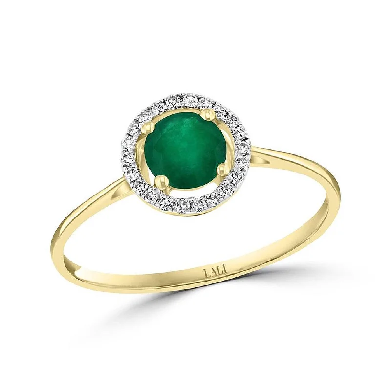 engagement rings with emerald and diamond pave for women-May Birthstone Rings: 14K Yellow Gold Diamond And Emerald Halo Ring