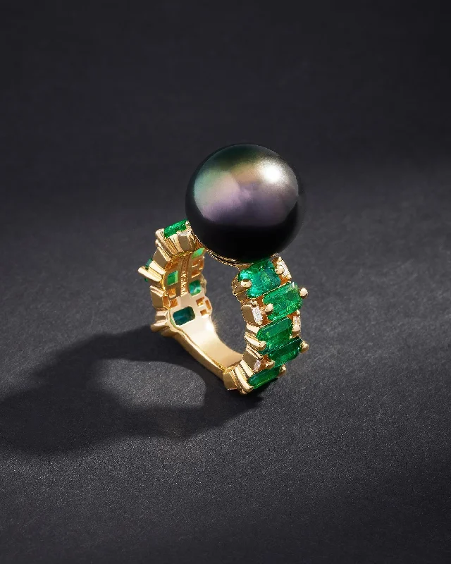 engagement rings with oval diamonds and ruby accents-One of a Kind Black South Sea Pearl Ring with Emerald-Cut Emeralds