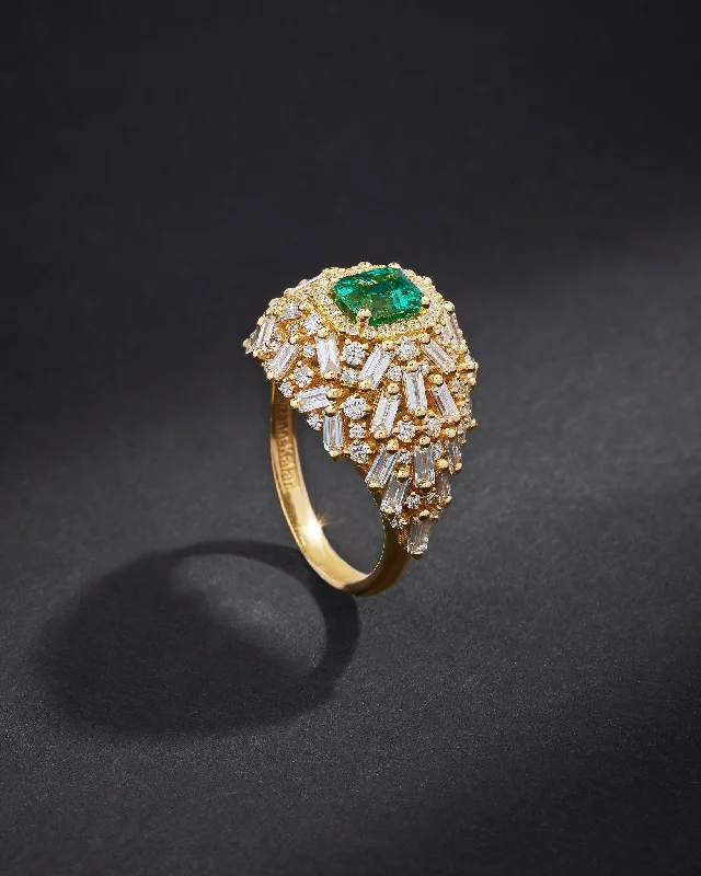 engagement rings with emerald-cut diamonds and sapphires-One of a Kind Cushion Cut Emerald Lion's Mane Ring