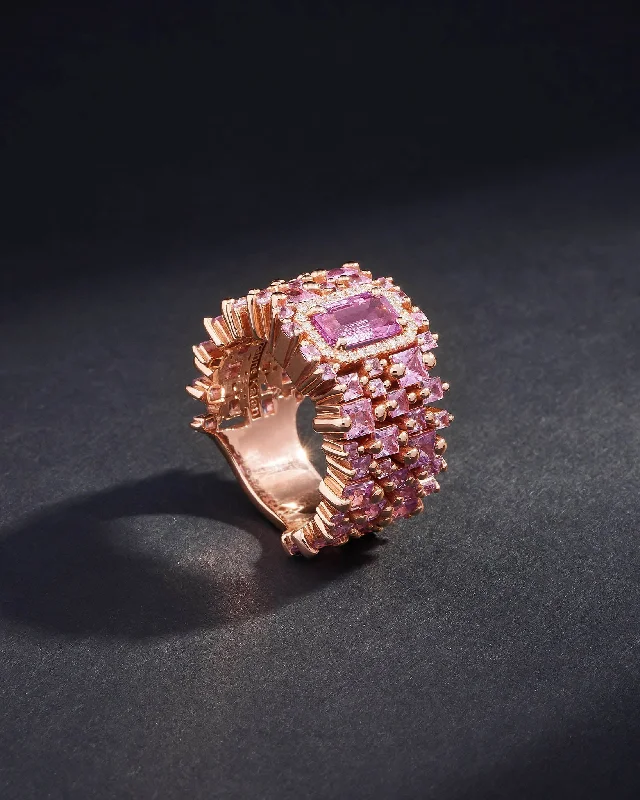 women’s engagement rings with emerald and diamond side stones-One of a Kind Emerald Cut Pink Sapphire Cigar Band Ring