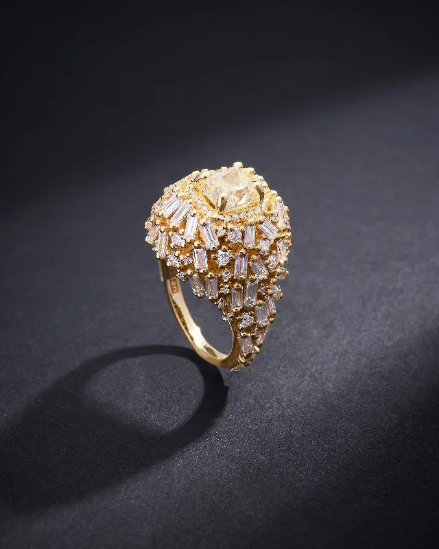 men’s wedding rings with subtle gemstone details-One of a Kind Fancy Yellow Diamond Lion's Mane Ring