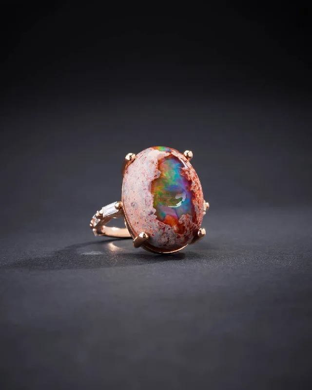 women’s rings with square diamonds and sapphire halos-One of a Kind Mexican Opal Galaxy Ring