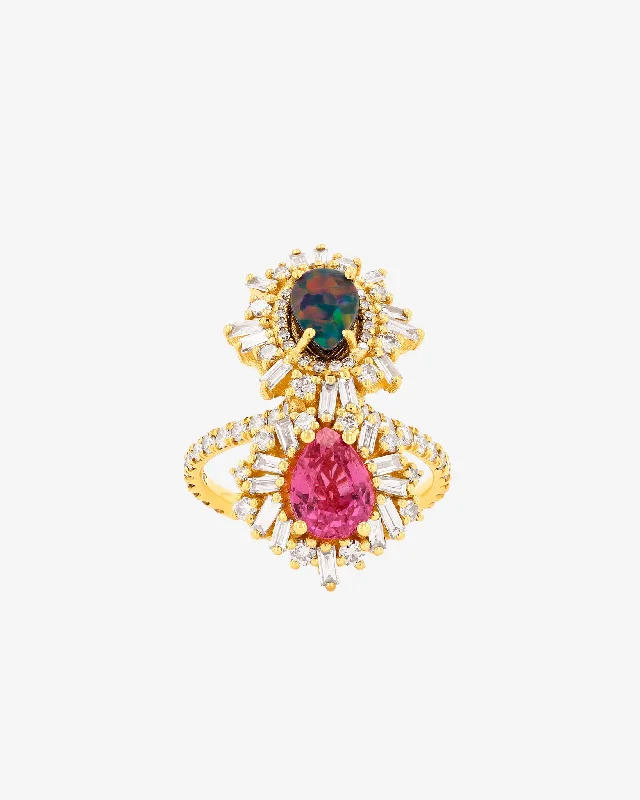 engagement rings with radiant-cut diamonds and sapphires-One of a Kind Opal Doublet & Pink Sapphire Tear Drop Ring