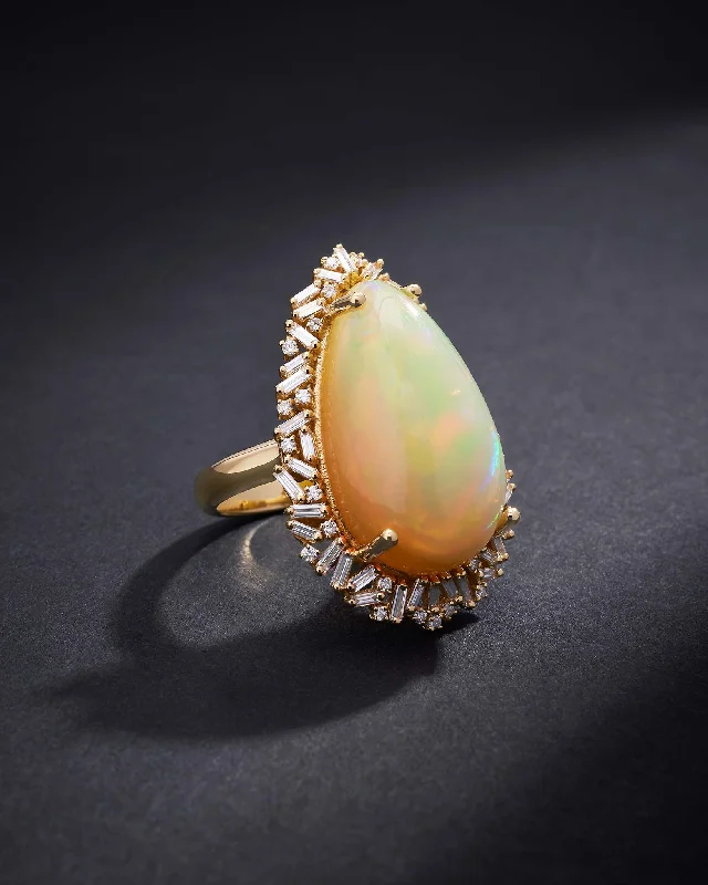 women’s wedding bands with emerald center stones and diamonds-One of a Kind Pear Shaped African Opal Sunburst Ring