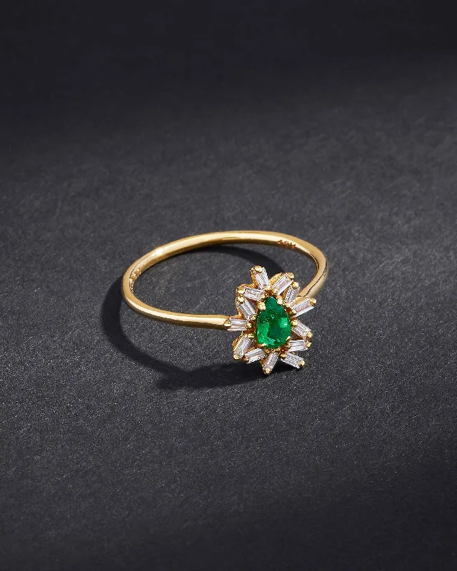 women’s engagement rings with oval sapphires and diamonds-One of a Kind Pear Shaped Emerald and Baguette Diamond Ring