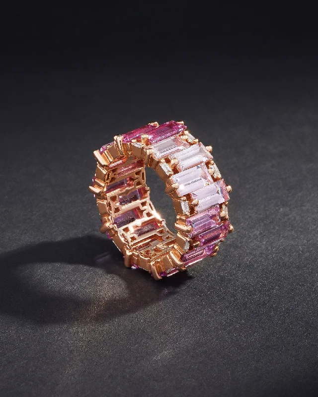 men’s wedding rings with gold, diamonds, and sapphires-One of a Kind Royal Pink Ombre Sapphire Eternity Band