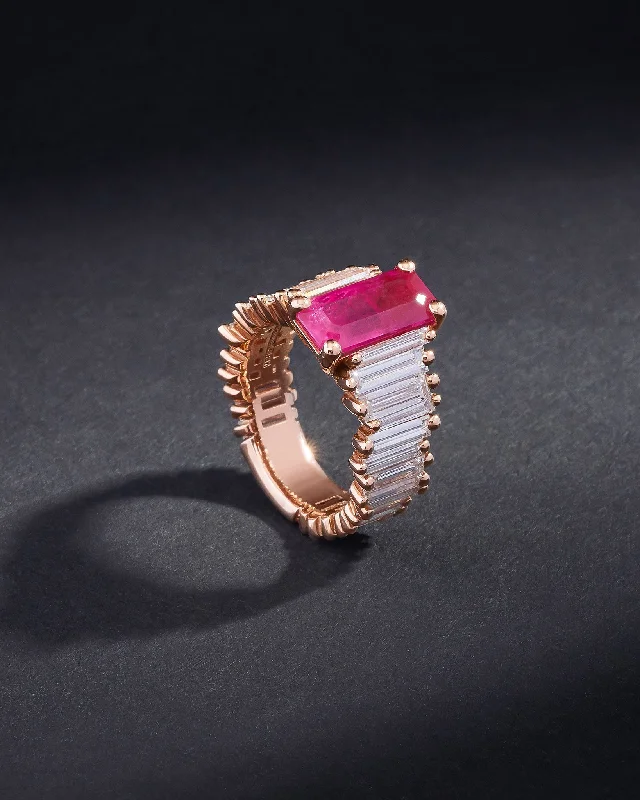 engagement rings with round diamonds and emerald bands-One of a Kind Ruby Sunset Ring