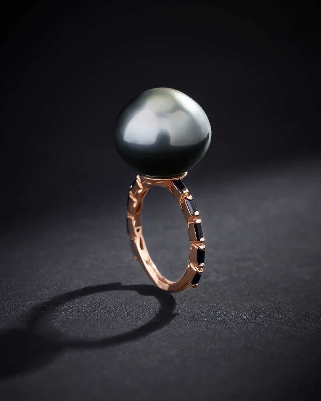 women’s wedding rings with diamond pave and emerald accents-One of a Kind Tahitian Pearl Ring with Black Sapphires