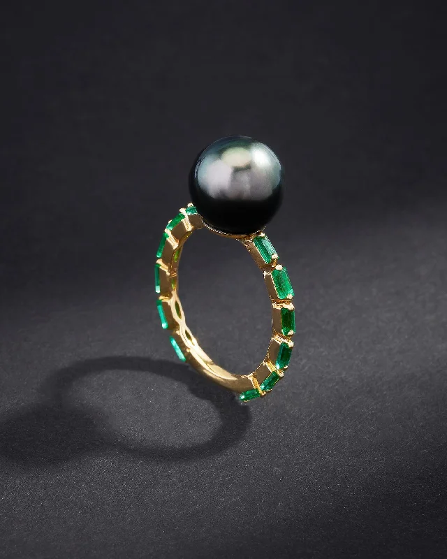 women’s engagement rings with baguette diamonds and sapphires-One of a Kind Tahitian Pearl Ring with Emerald Baguettes