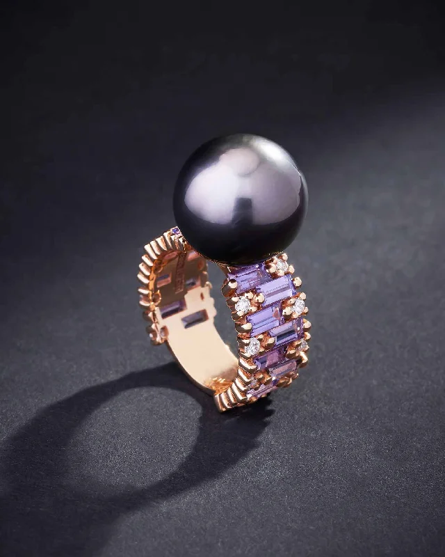 women’s rings with intricate diamond designs for engagement-One of a Kind Tahitian Pearl Ring with Purple Sapphires & Diamonds