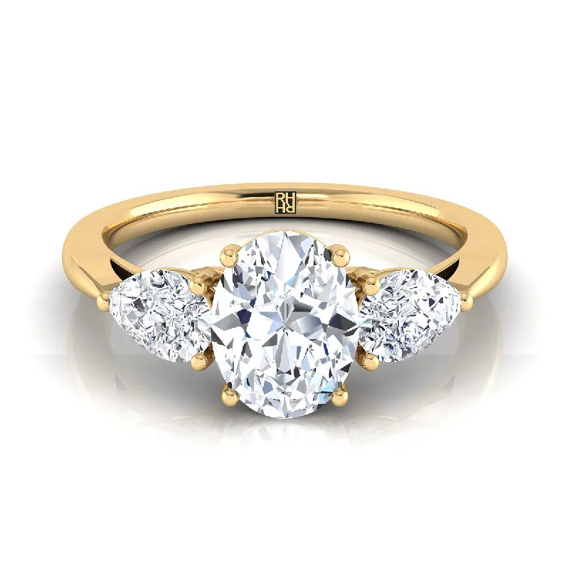 engagement rings with emerald-cut diamonds and diamond pave-14K Yellow Gold Oval Diamond Perfectly Matched Pear Shaped Three Diamond Engagement Ring -7/8ctw