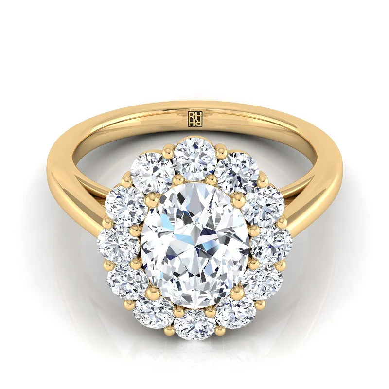 engagement rings with round sapphires and diamond pave-14K Yellow Gold Oval Diamond Floral Halo Engagement Ring -3/4ctw