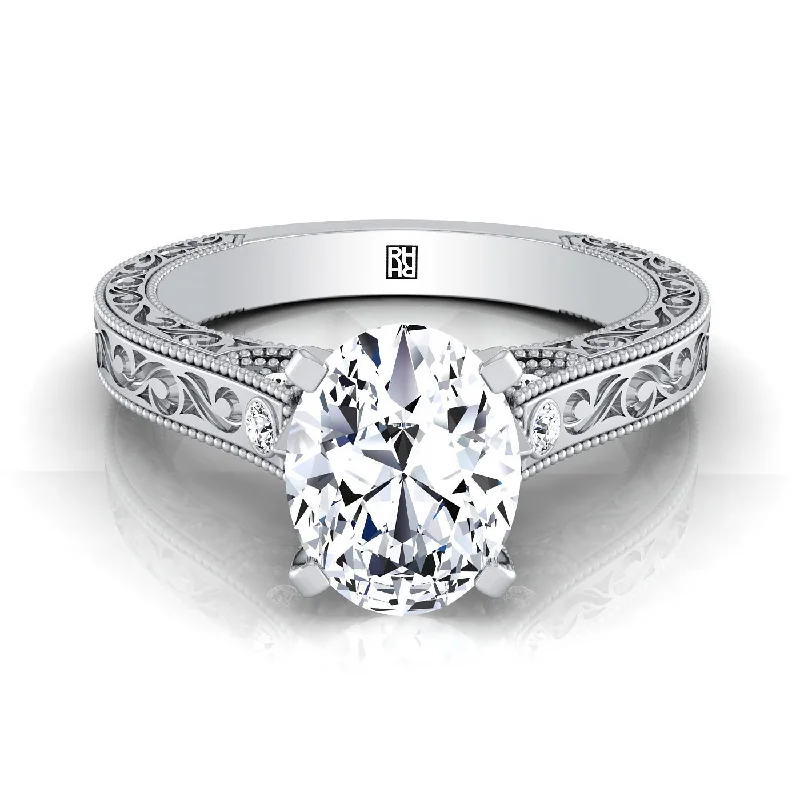 women’s engagement rings with baguette diamonds and sapphires-14K White Gold Oval Delicate Diamond Accented Antique Hand Engraved Engagement Ring -1/10ctw