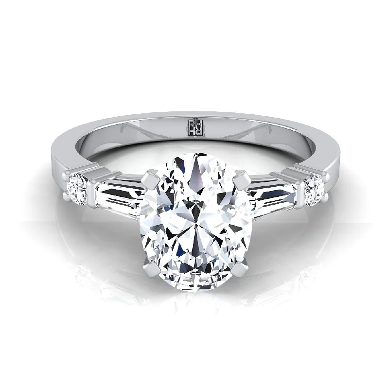 engagement rings with oval diamonds and sapphire settings-14K White Gold Oval Diamond Simple Baguette and Round Solitaire Engagement Ring -1/4ctw