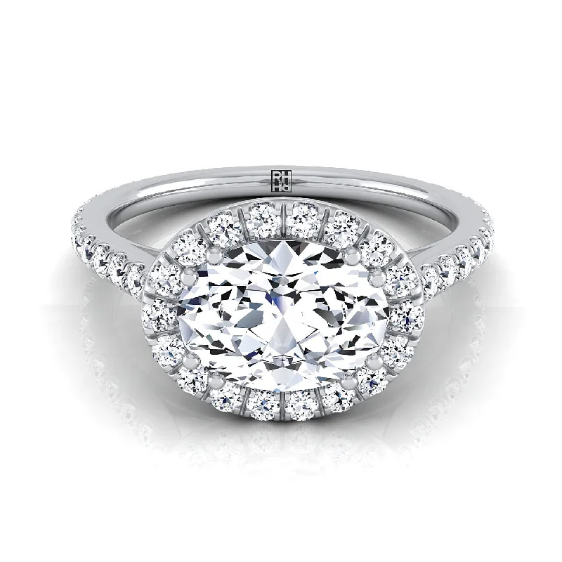 custom engagement rings with multi-stone settings-14K White Gold Oval Diamond Horizontal Fancy East West Halo Engagement Ring -1/2ctw