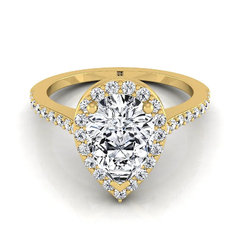 men’s rings with emerald-cut diamonds and sapphires-14K Yellow Gold Pear Shape Center Classic French Pave Diamond Halo and Linear Engagement Ring -1/3ctw