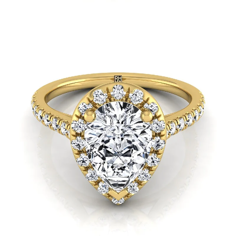 custom-designed engagement rings with emerald and diamond settings-14K Yellow Gold Pear Shape Center Classic French Pave Halo and Linear Engagement Ring -3/8ctw