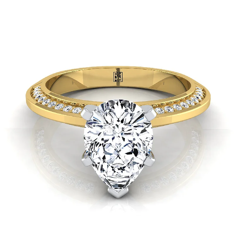 women’s wedding rings with unique diamond shapes-14K Yellow Gold Pear Shape Center Diamond Knife Edge Micropave Engagement Ring -1/5ctw