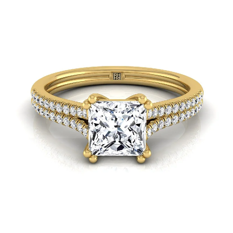 engagement rings with three-stone diamonds and sapphires-14K Yellow Gold Princess Cut Diamond Double Row Double Prong French Pave Engagement Ring -1/6ctw