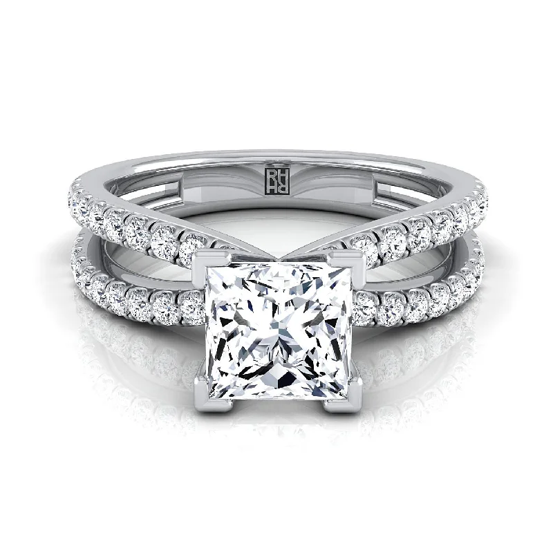 women’s engagement rings with diamond and ruby combinations-14K White Gold Princess Cut Diamond Two Row Pavé Split Shank Engagement Ring -1/3ctw