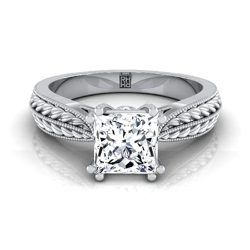 men’s wedding rings with platinum and black diamond accents-14K White Gold Princess Cut Antique Wheat and Bead Pinched Solitaire Engagement RIng