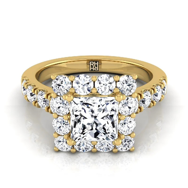 men’s rings with emerald-cut sapphires and diamonds-14K Yellow Gold Princess Cut Diamond Luxe Style French Pave Halo Engagement Ring -1-1/10ctw