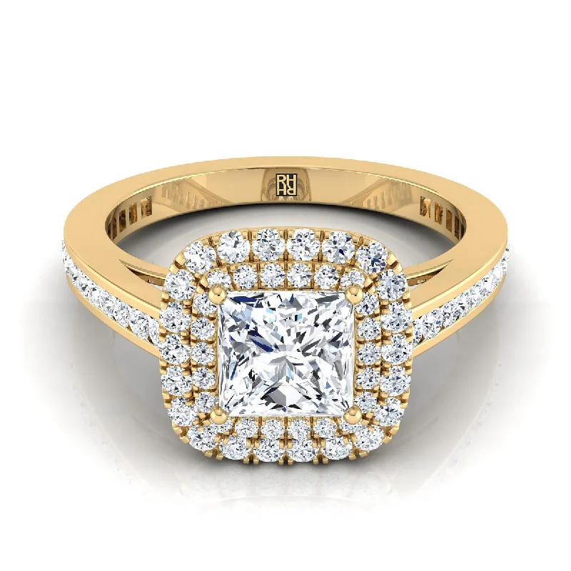 women’s rings with three-stone diamond settings-14K Yellow Gold Princess Cut Diamond Double Halo Channel Side Engagement Ring -5/8ctw