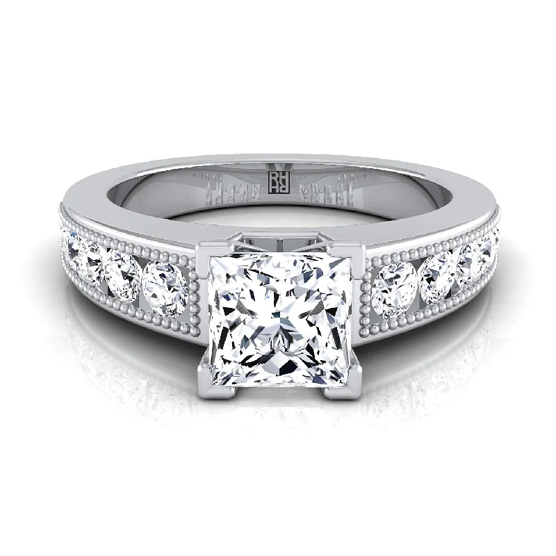 men’s wedding rings with hammered textures and diamonds-14K White Gold Princess Cut Diamond Antique Milgrain Bead and Channel Set Engagement Ring -1/2ctw