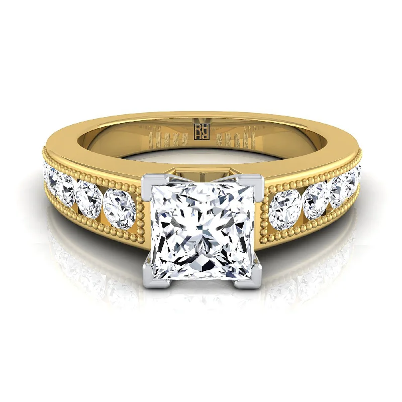 women’s engagement rings with princess-cut diamonds-14K Yellow Gold Princess Cut Diamond Antique Milgrain Bead and Channel Set Engagement Ring -1/2ctw