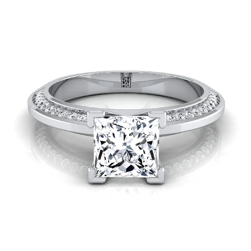 women’s rings with vintage-inspired designs and diamonds-14K White Gold Princess Cut Diamond Knife Edge Micropave Engagement Ring -1/5ctw