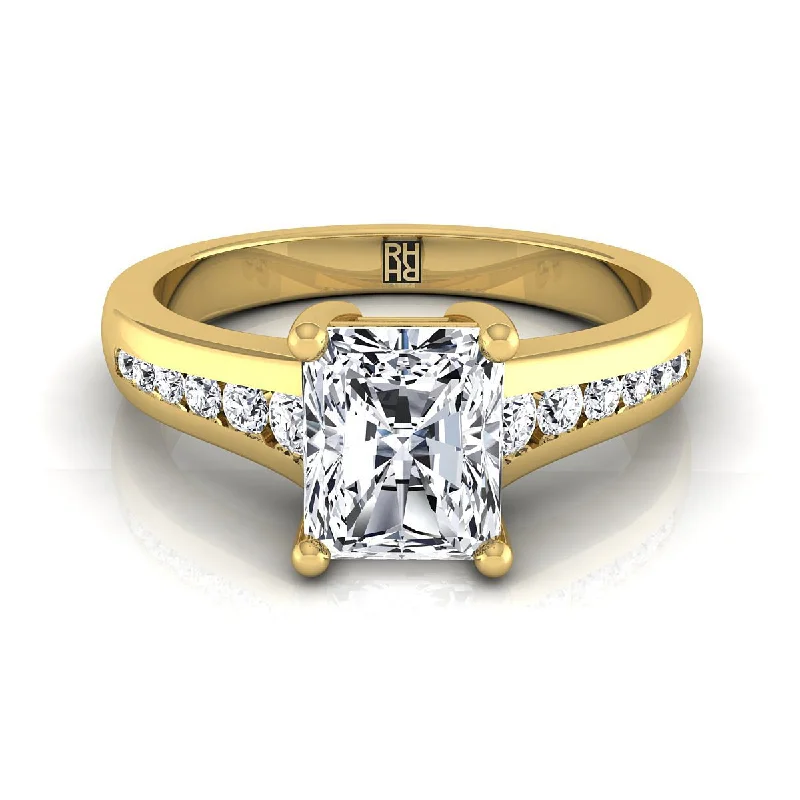 women’s rings with square diamonds and pave sapphires-14K Yellow Gold Radiant Cut Center Contemporary Tapered Diamond Channel Engagement Ring -1/6ctw