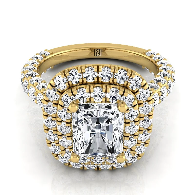 women’s rings with vintage-inspired designs and diamonds-14K Yellow Gold Radiant Cut Center Diamond Bold and Fancy Double Halo French Pave Engagement Ring -2ctw