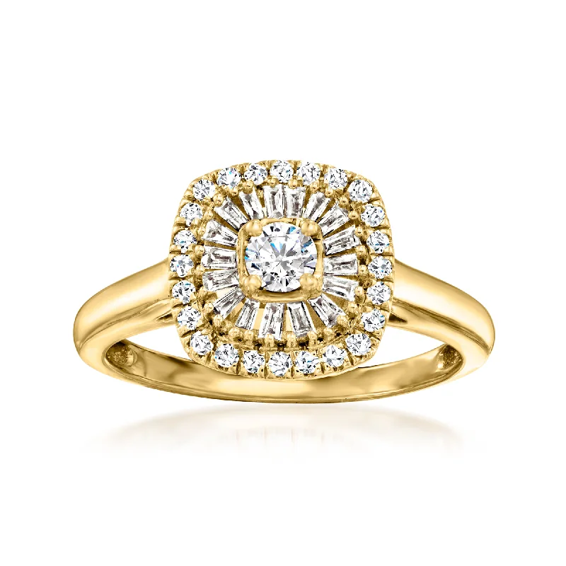 men’s engagement rings with black diamonds and gold bands-Ross-Simons Baguette and Round Diamond Halo Ring in 14kt Yellow Gold