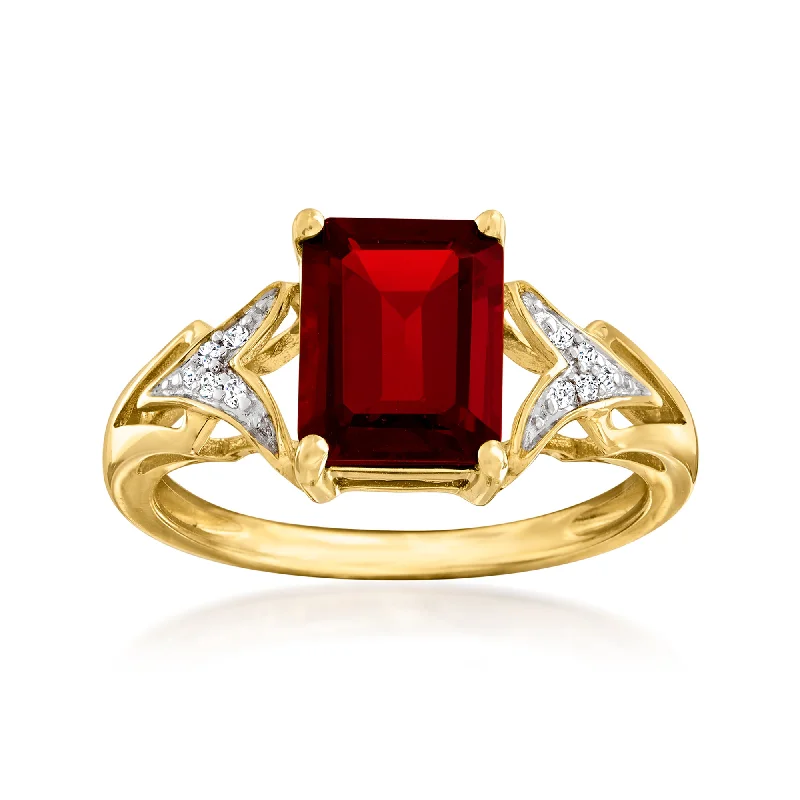 men’s engagement rings with unique sapphire designs-Ross-Simons Emerald-Cut Garnet Ring With Diamond Accents in 14kt Yellow Gold