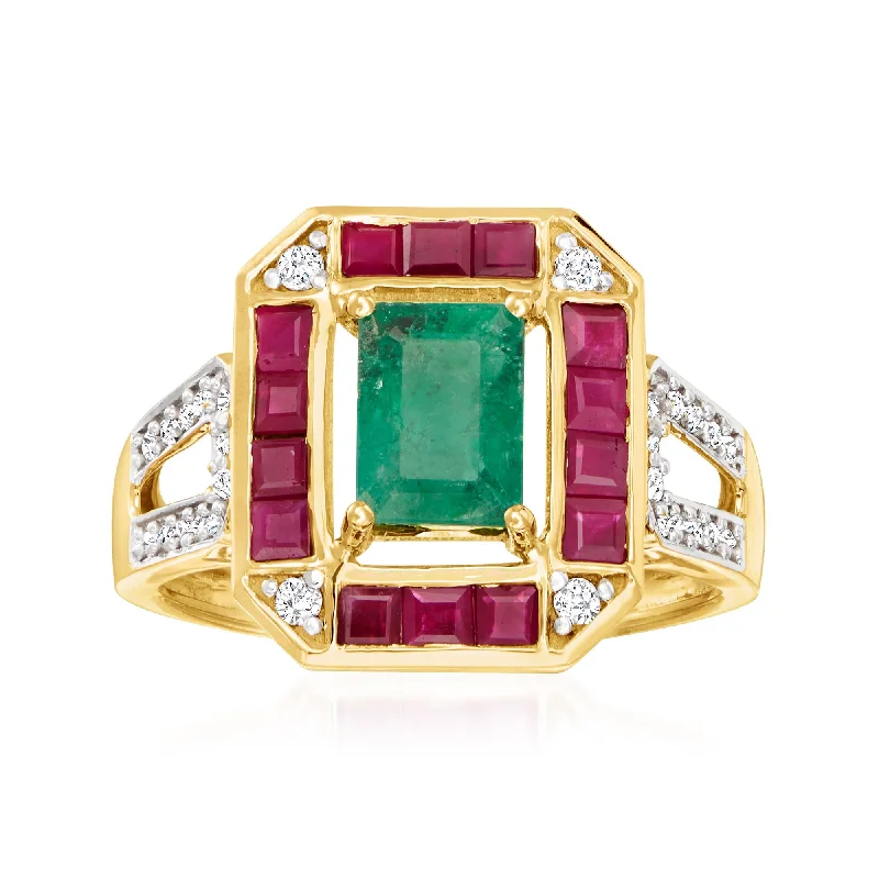 women’s engagement rings with radiant diamonds-Ross-Simons Emerald, . Ruby and . Diamond Ring in 14kt Yellow Gold