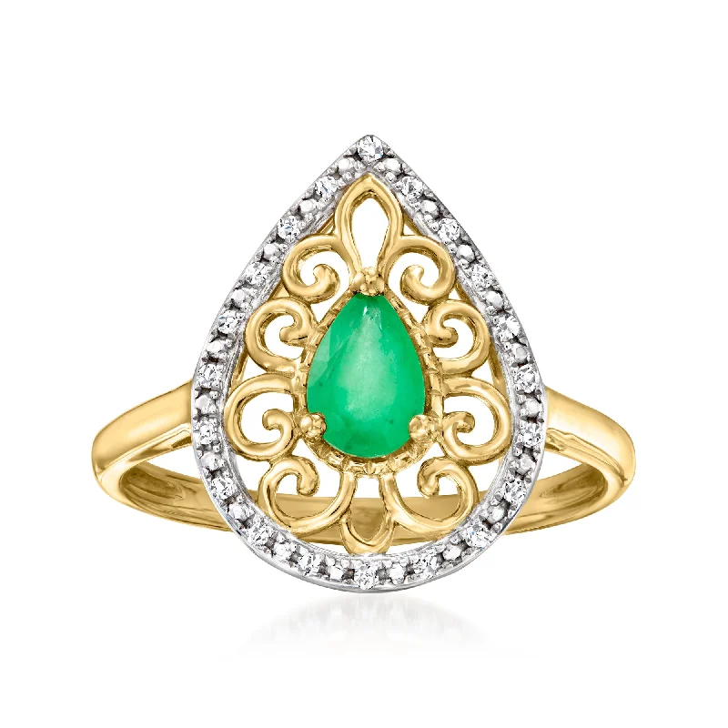 women’s engagement rings with cushion-cut diamonds and emeralds-Ross-Simons Emerald Teardrop Ring With Diamond Accents in 14kt Yellow Gold