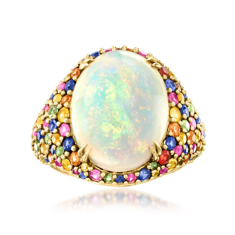 men’s wedding rings with brushed metal and sapphire inlays-Ross-Simons Ethiopian Opal and Multicolored Sapphire Ring in 14kt Yellow Gold