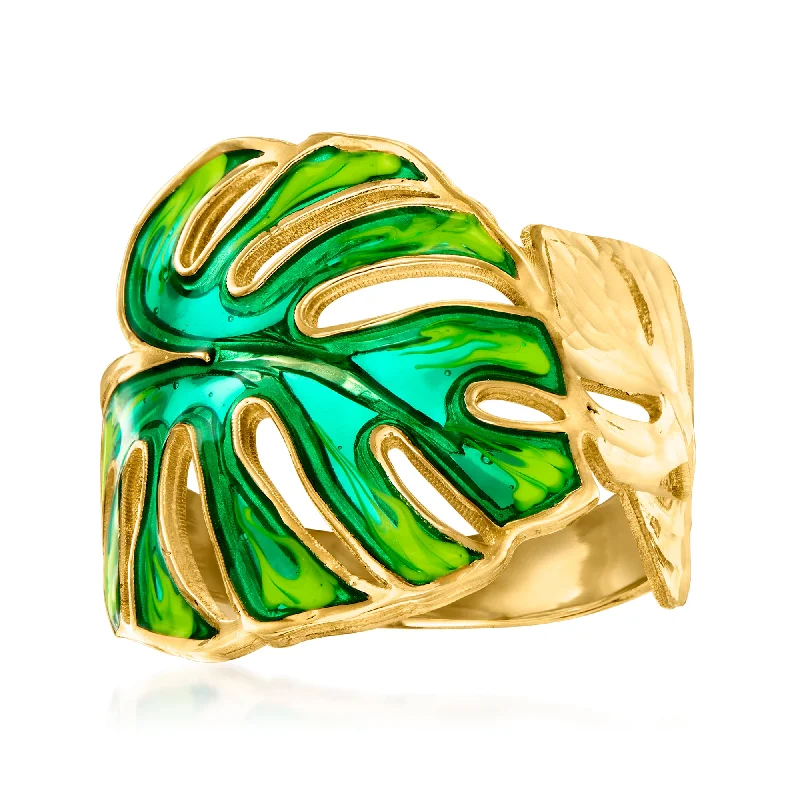 men’s engagement rings with vintage sapphire and diamond designs-Ross-Simons Italian Green Enamel Monstera Leaf Ring in 14kt Yellow Gold