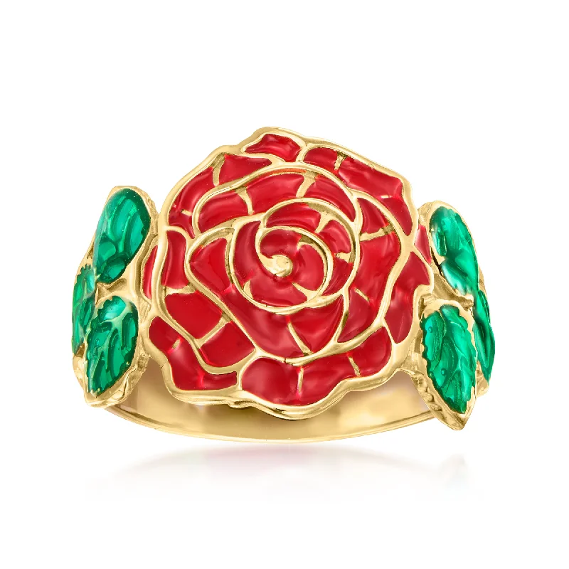 custom engagement rings with rubies, sapphires, and diamonds-Ross-Simons Italian Red and Green Enamel Rose Ring in 14kt Yellow Gold