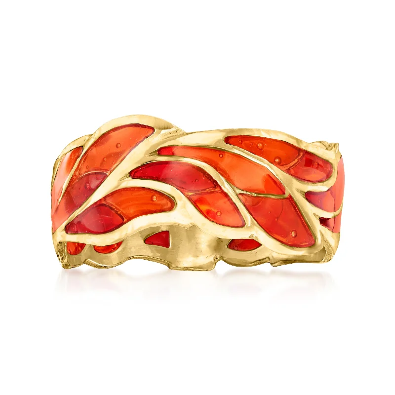 men’s wedding bands with brushed titanium and sapphires-Ross-Simons Italian Red Enamel Leaf Ring in 14kt Yellow Gold