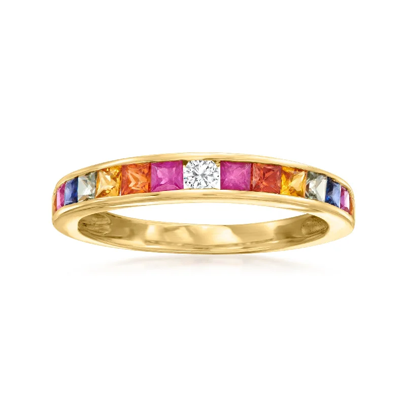 engagement rings with heart-shaped diamonds and sapphire bands-Ross-Simons Multicolored Sapphire Ring With Diamond Accents in 14kt Yellow Gold