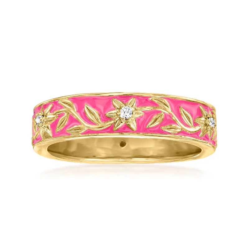 engagement rings with halo designs and diamonds for women-Ross-Simons Pink Enamel Floral Ring With Diamond Accents in 18kt Gold Over Sterling