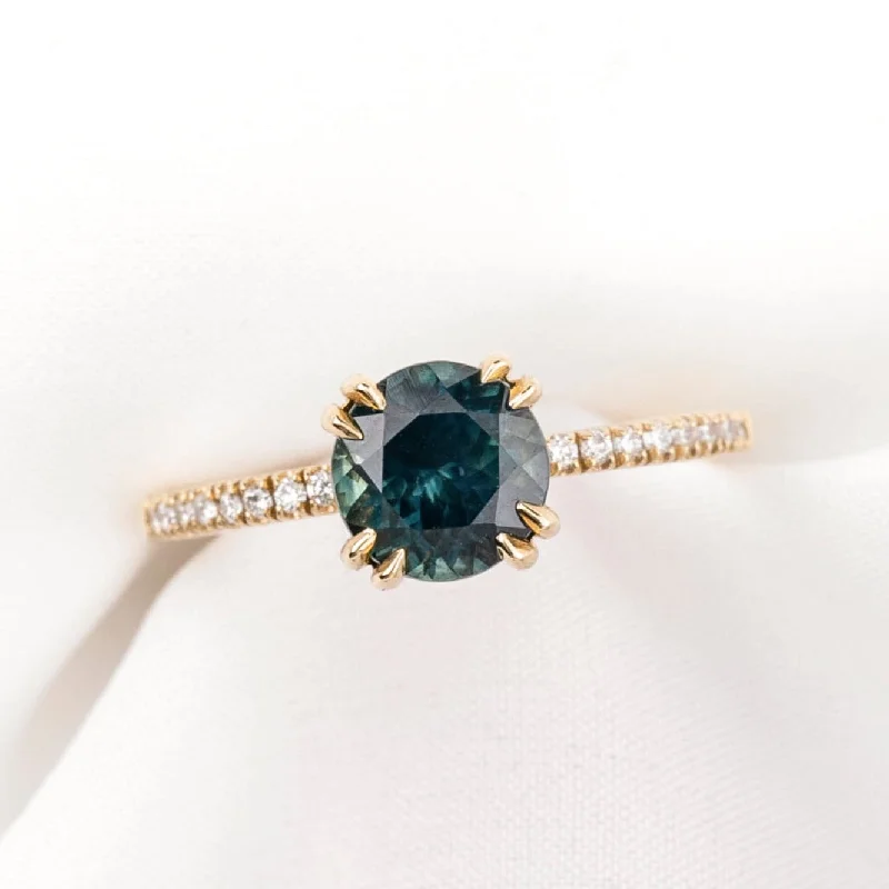 men’s wedding rings with diamonds and emerald settings-Sabrina Ring 1.89ct Round Teal Blue Montana Sapphire, 14k Yellow Gold (One of a kind)