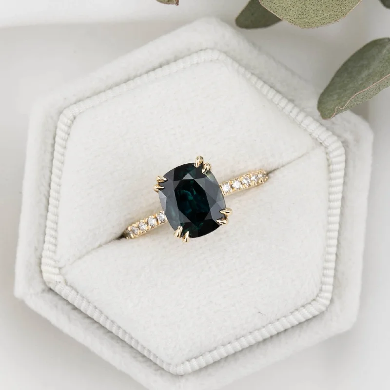 men’s wedding rings with black diamonds and rose gold-Sabrina Grand Ring 3.39ct Deep Teal Blue Queensland Sapphire, 14K Yellow Gold (One of a kind)