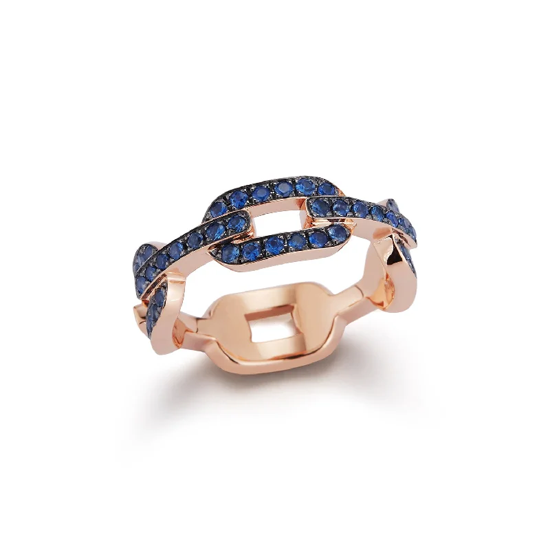 women’s rings with square diamonds and pave sapphires-SAXON 18K GOLD AND ALL BLUE SAPPHIRE FLAT CHAIN LINK RING