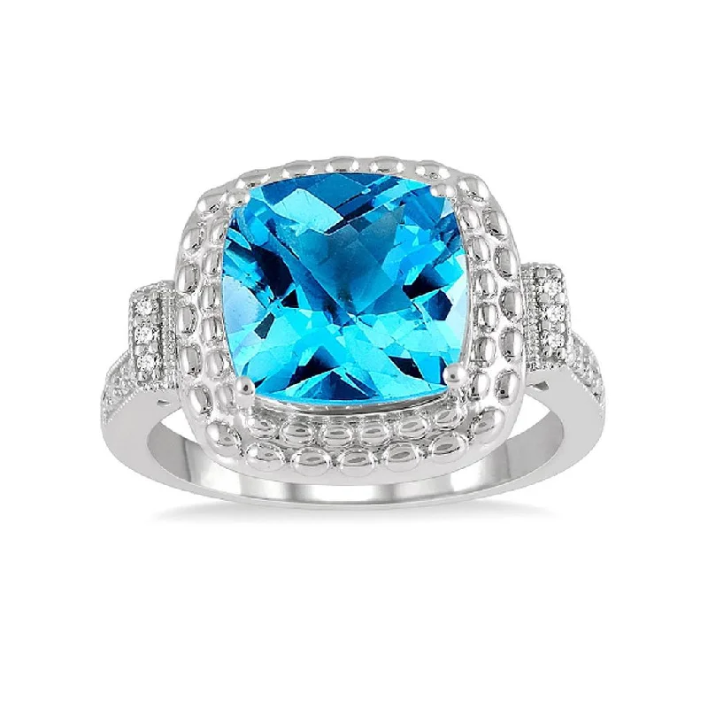 engagement rings with round diamonds and sapphire bands for men-Sterling Silver Cushion Shape Blue Topaz And Diamond Ring