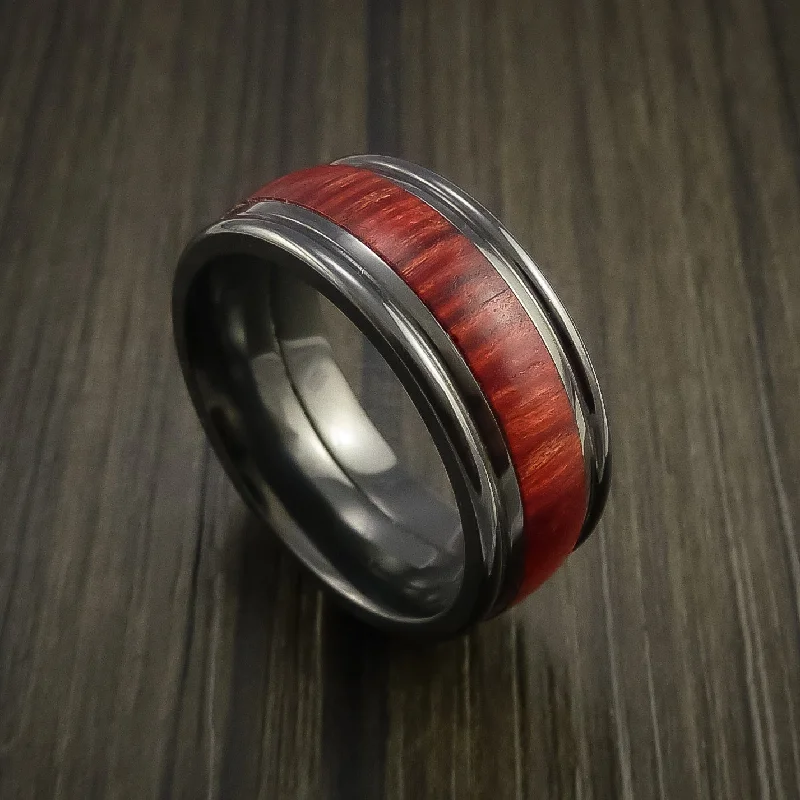 men’s engagement rings with unique sapphire designs-Black Zirconium ring with Wood Inlay Custom Made Wedding Men's Band