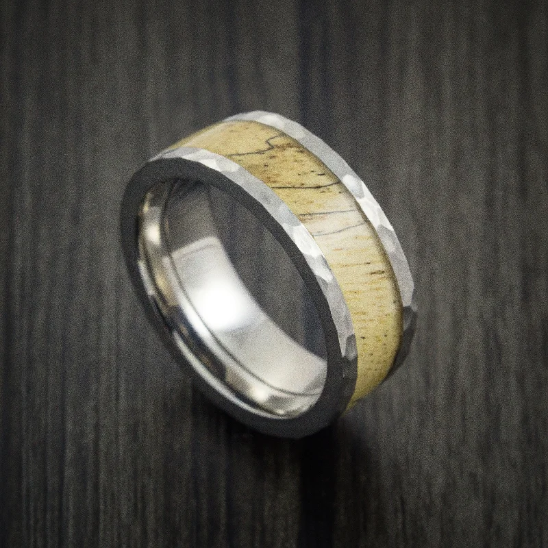 women’s rings with three-stone diamond settings-Hammered Titanium Men's Ring Inlaid with Spalted Tamarind Custom Made