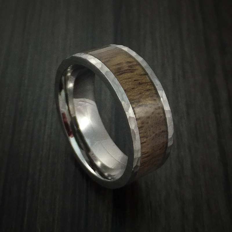 men’s wedding rings with custom-designed sapphires and diamonds-Hammered Titanium Men's Ring Inlaid with Desert Ironwood Burl Custom Made